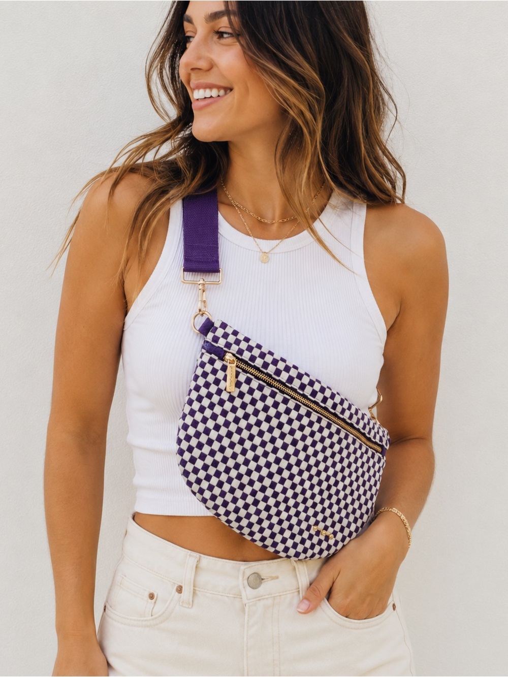 Pretty Simple Westlyn Woven Bum Bag Vegan Leather Checkered Purple High Quality